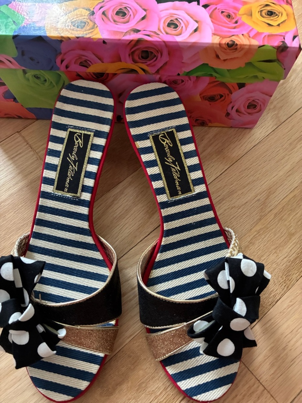 Betsey Johnson Navy Stripe Sandals with Black Polka Dot Bows and Gold Accents